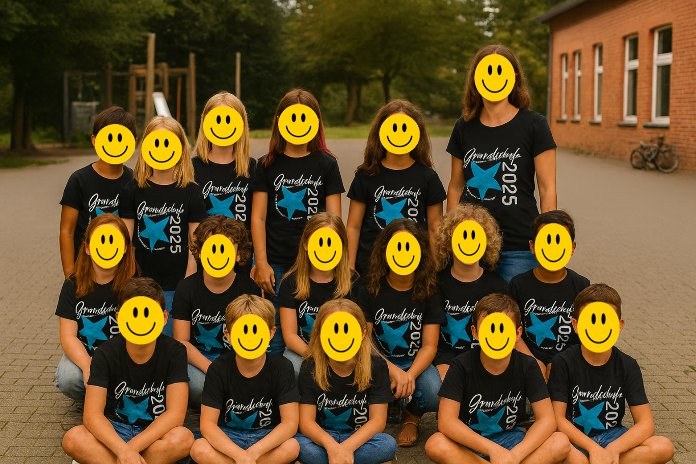 Gruppe von Kindern und Erwachsenen in schwarzen T-Shirts mit lächelnden Gesichtern.