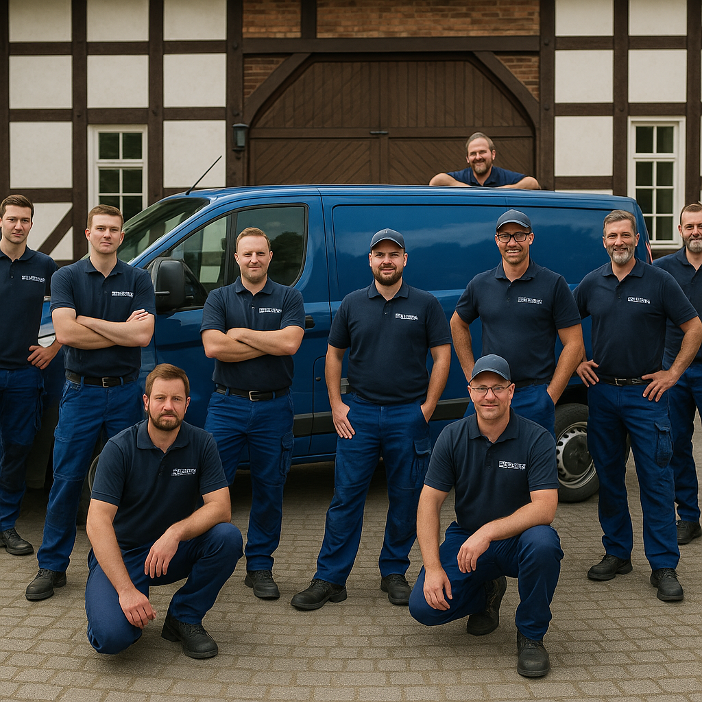 Gruppe von zehn Handwerkern in uniform vor einem blauen Transporter, lächelnd.