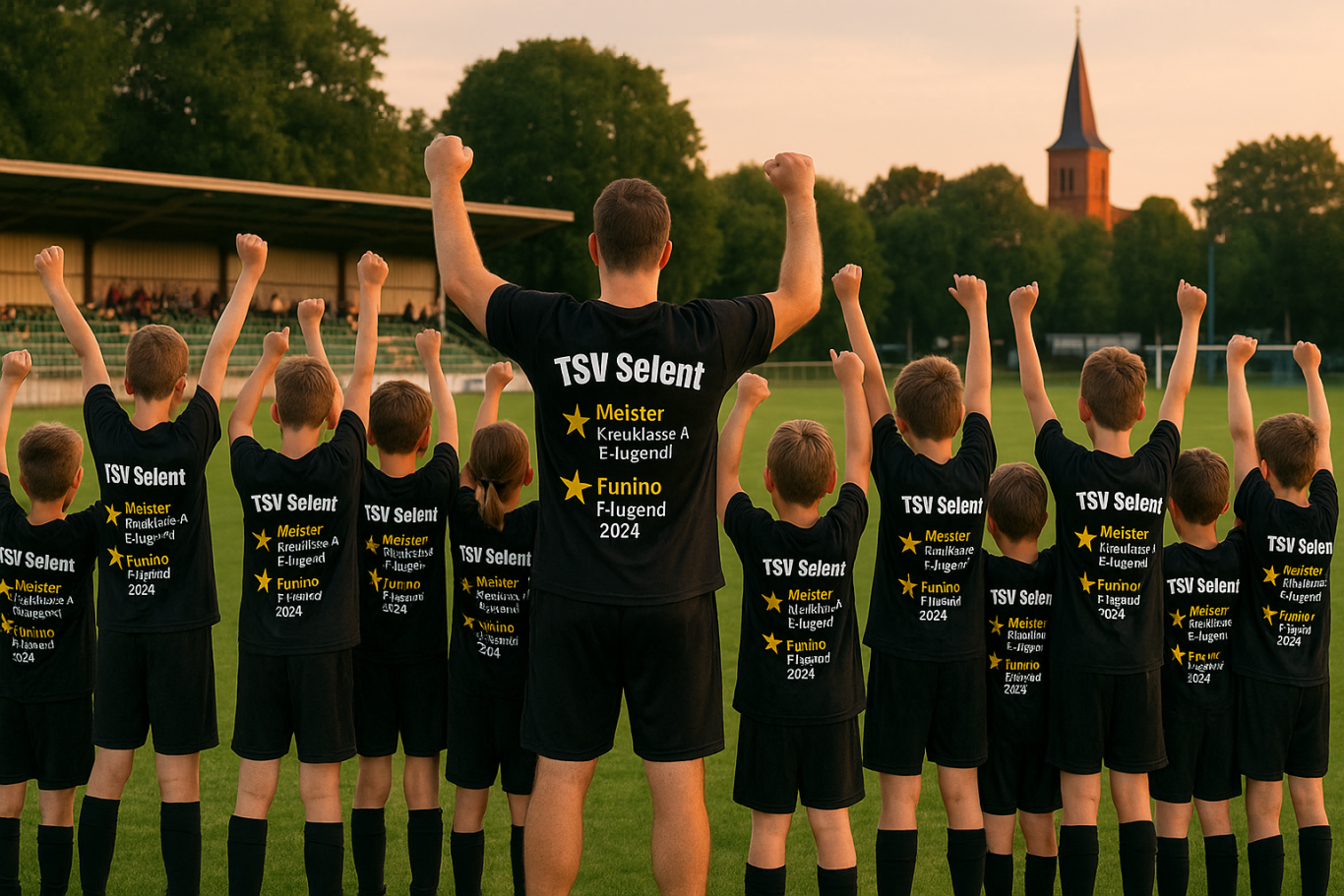 Junge Fußballmannschaft mit erhobenen Händen, Trainer in Schwarz, Sonnenuntergang im Hintergrund.